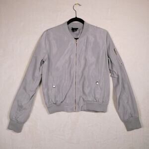 Wet Seal Grey Bomber Jacket Y2K Size M Satin Lined Ribbed Collar Clean Girl